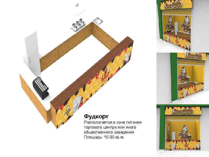 Фудкорт Располагается в зоне питания торгового центра или иного общественного заведения Площадь: 10 -30