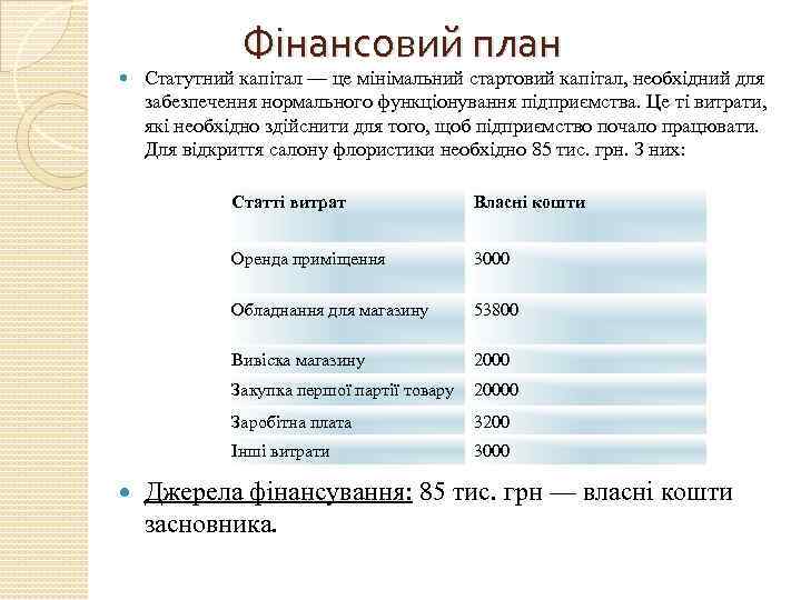 Фінансовий план Статутний капітал — це мінімальний стартовий капітал, необхідний для забезпечення нормального функціонування