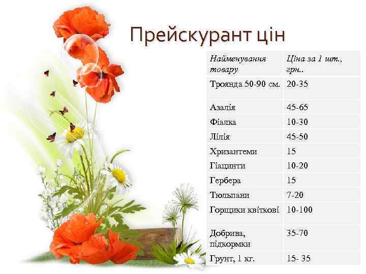 Прейскурант цін Найменування товару Ціна за 1 шт. , грн. . Троянда 50 -90