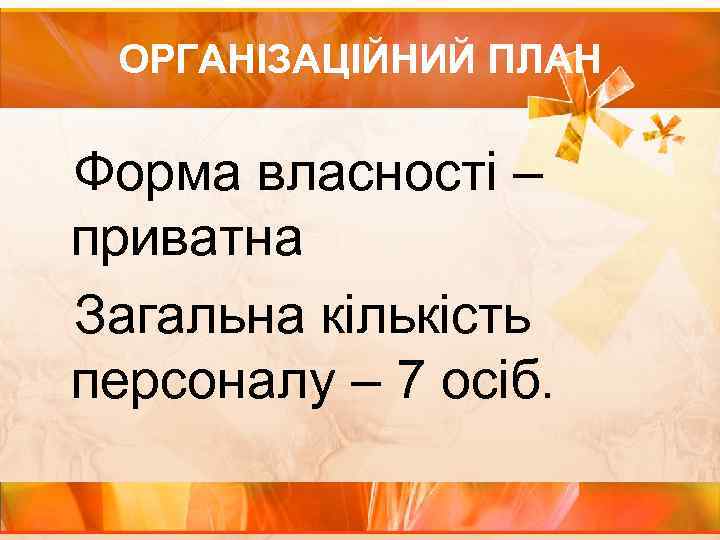 ОРГАНІЗАЦІЙНИЙ ПЛАН Форма власності – приватна Загальна кількість персоналу – 7 осіб. 