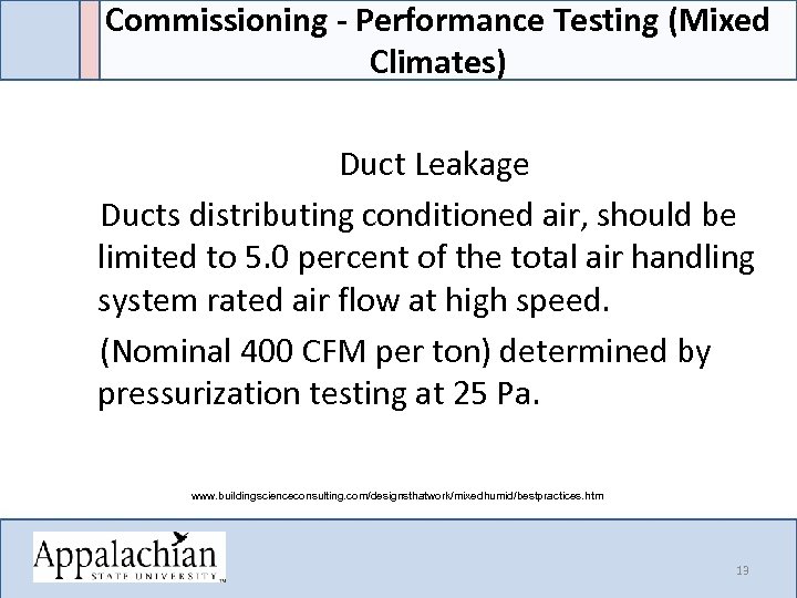 Commissioning - Performance Testing (Mixed Climates) Duct Leakage Ducts distributing conditioned air, should be