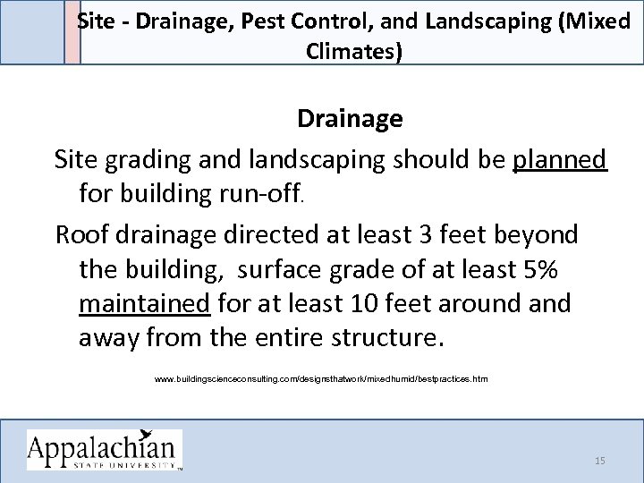 Site - Drainage, Pest Control, and Landscaping (Mixed Climates) Drainage Site grading and landscaping