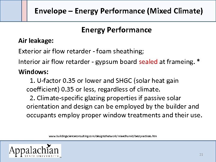 Envelope – Energy Performance (Mixed Climate) Energy Performance Air leakage: Exterior air flow retarder