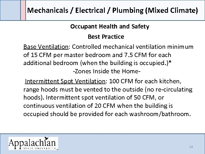 Mechanicals / Electrical / Plumbing (Mixed Climate) Occupant Health and Safety Best Practice Base