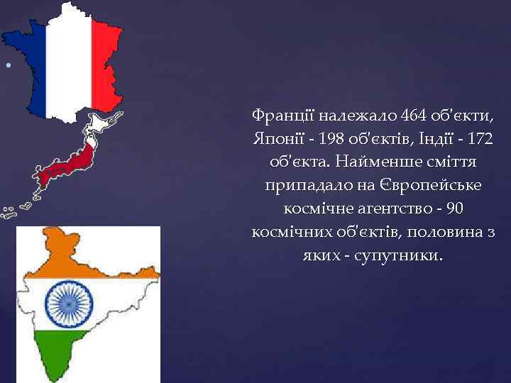 . Франції належало 464 об'єкти, Японії - 198 об'єктів, Індії - 172 об'єкта. Найменше