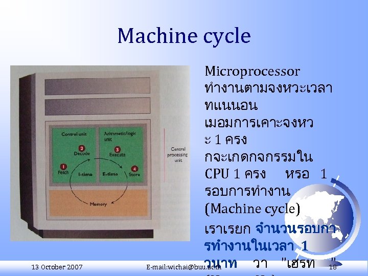 Machine cycle 13 October 2007 Microprocessor ทำงานตามจงหวะเวลา ทแนนอน เมอมการเคาะจงหว ะ 1 ครง กจะเกดกจกรรมใน CPU