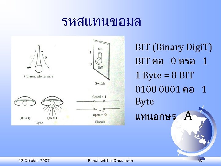 รหสแทนขอมล BIT (Binary Digi. T) BIT คอ 0 หรอ 1 1 Byte = 8