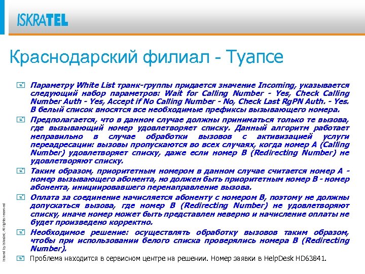 Issued by Iskratel; All rights reserved Краснодарский филиал - Туапсе + Параметру White List