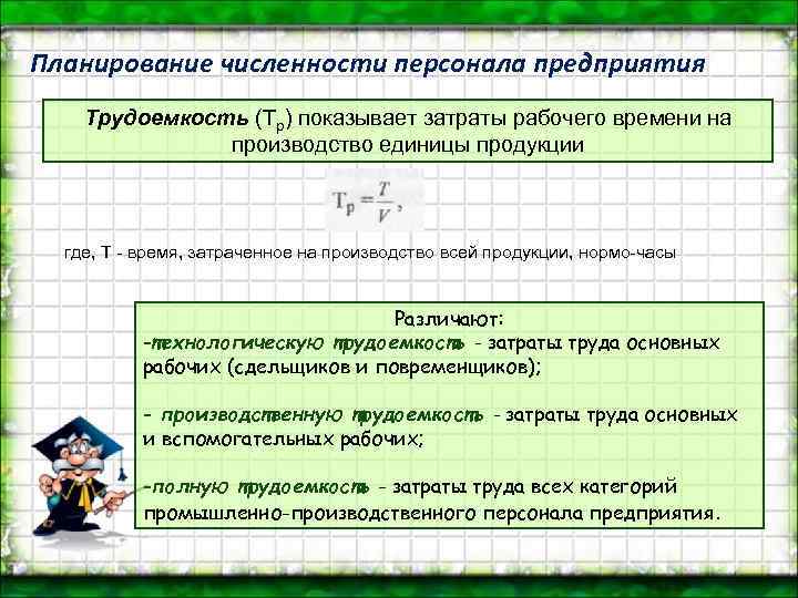 Планирование численности персонала предприятия Трудоемкость (Тр) показывает затраты рабочего времени на производство единицы продукции