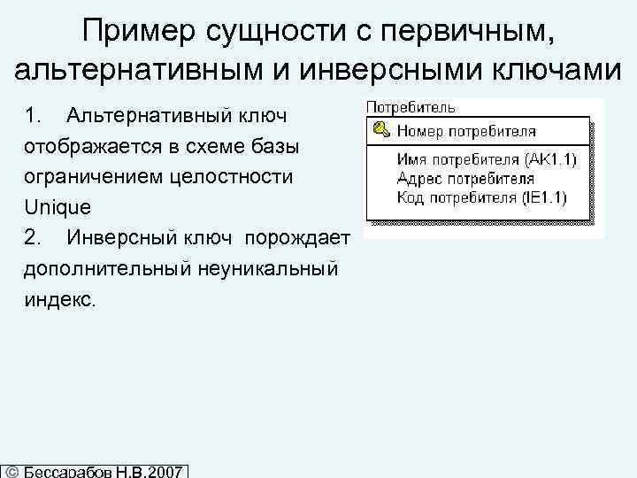 Пример сущности с первичным, альтернативным и инверсными ключами 1. Альтернативный ключ отображается в схеме