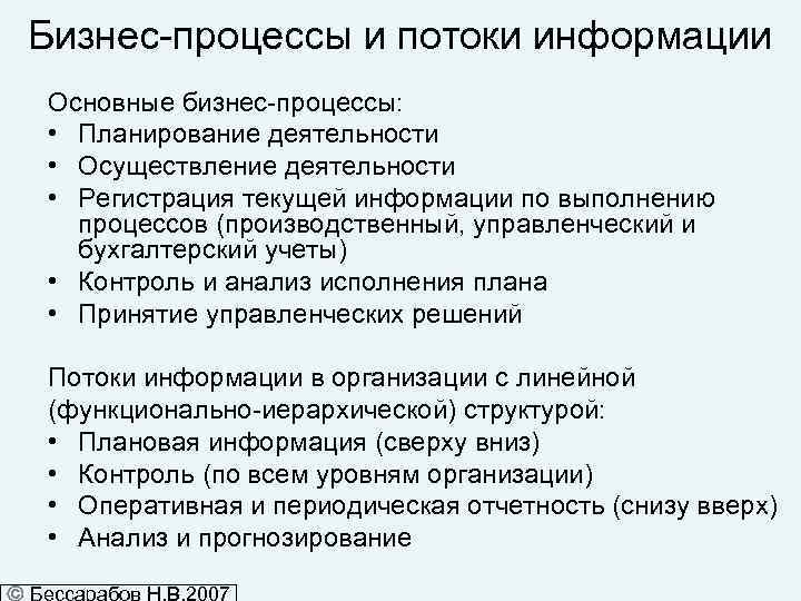 Бизнес-процессы и потоки информации Основные бизнес-процессы: • Планирование деятельности • Осуществление деятельности • Регистрация