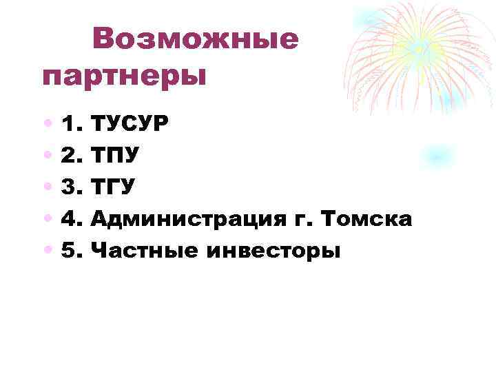 Возможные партнеры • • • 1. 2. 3. 4. 5. ТУСУР ТПУ ТГУ Администрация