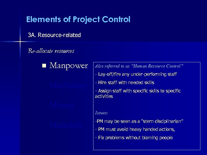 Elements of Project Control 3 A. Resource-related Re-allocate resources n Manpower Also referred to
