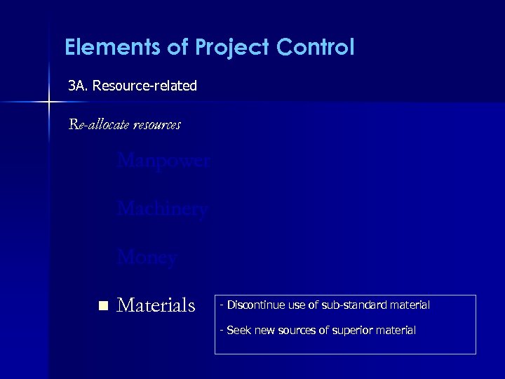 Elements of Project Control 3 A. Resource-related Re-allocate resources Manpower Machinery Money n Materials