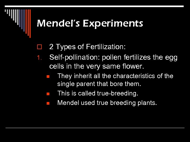 Mendel’s Experiments 2 Types of Fertilization: 1. Self-pollination: pollen fertilizes the egg cells in