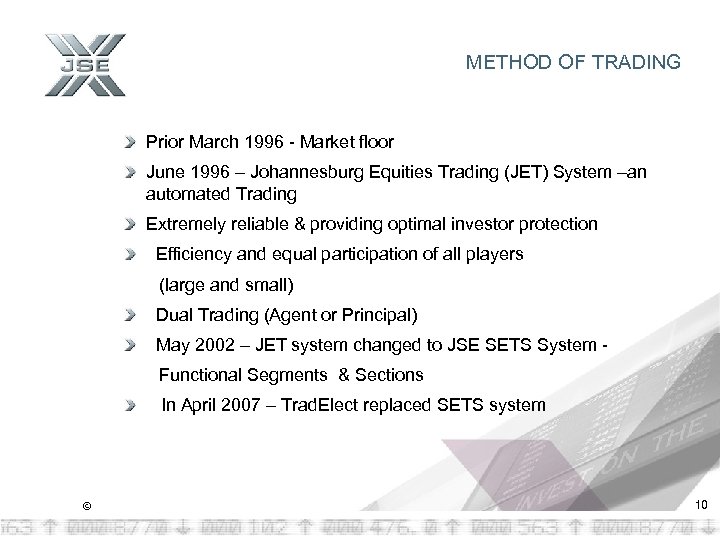 METHOD OF TRADING Prior March 1996 - Market floor June 1996 – Johannesburg Equities