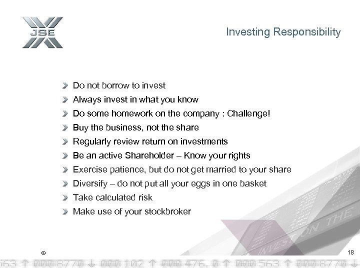 Investing Responsibility Do not borrow to invest Always invest in what you know Do