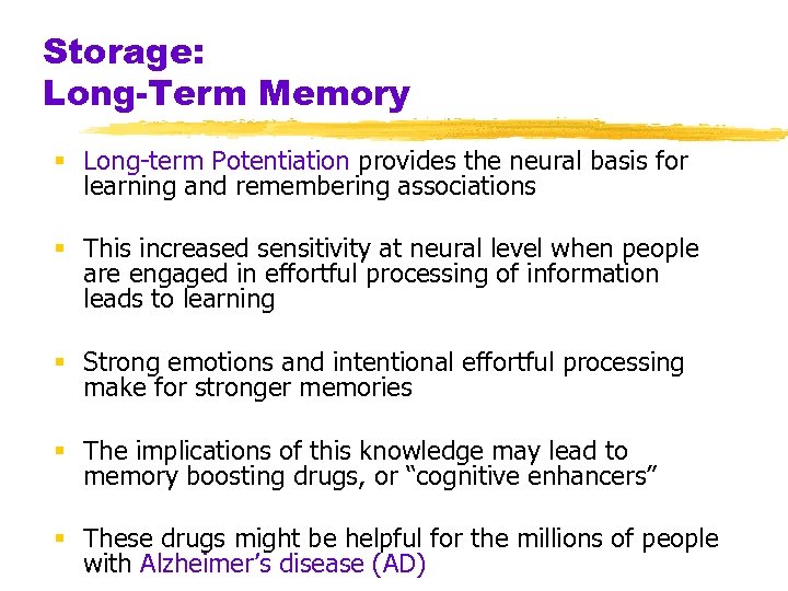 Storage: Long-Term Memory § Long-term Potentiation provides the neural basis for learning and remembering