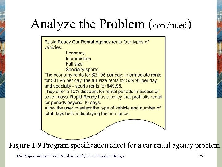 Analyze the Problem (continued) Figure 1 -9 Program specification sheet for a car rental