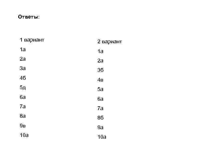 Ответы: 1 вариант 2 вариант 1 а 1 а 2 а 2 а 3