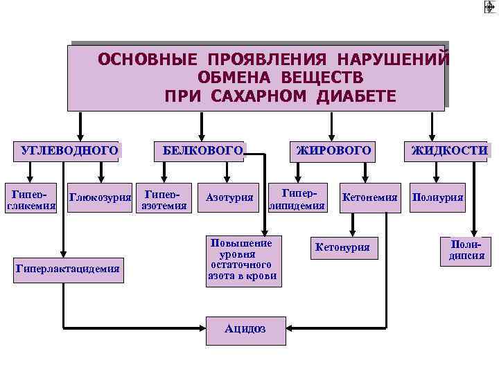 ОСНОВНЫЕ ПРОЯВЛЕНИЯ НАРУШЕНИЙ ОБМЕНА ВЕЩЕСТВ ПРИ САХАРНОМ ДИАБЕТЕ УГЛЕВОДНОГО Гипергликемия Глюкозурия Гиперлактацидемия ЖИРОВОГО БЕЛКОВОГО