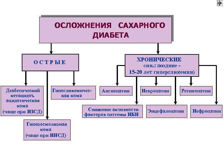 ОСЛОЖНЕНИЯ САХАРНОГО ДИАБЕТА ХРОНИЧЕСКИЕ ( син. : поздние 15 -20 лет гипергликемии) ОСТРЫЕ Деабетический