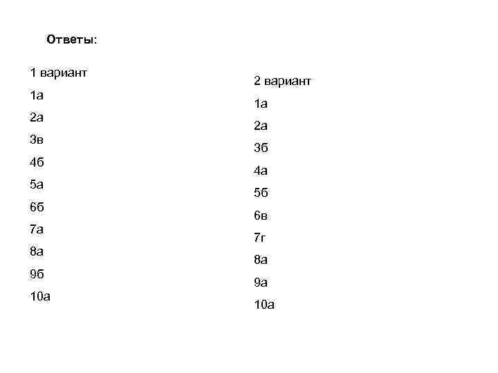 Ответы: 1 вариант 1 а 2 а 3 в 4 б 5 а 6