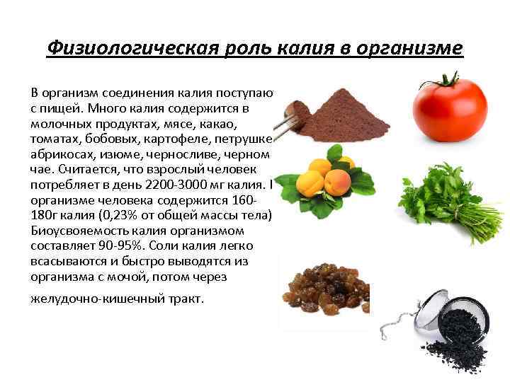 Физиологическая роль калия в организме В организм соединения калия поступают с пищей. Много калия