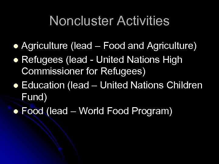 Noncluster Activities Agriculture (lead – Food and Agriculture) l Refugees (lead - United Nations