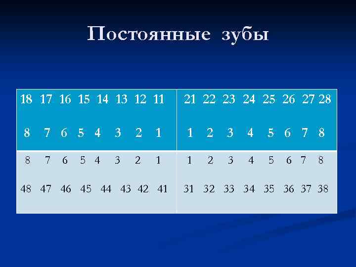 Постоянные зубы 18 17 16 15 14 13 12 11 21 22 23 24
