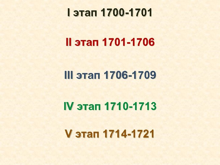 I этап 1700 -1701 II этап 1701 -1706 III этап 1706 -1709 IV этап