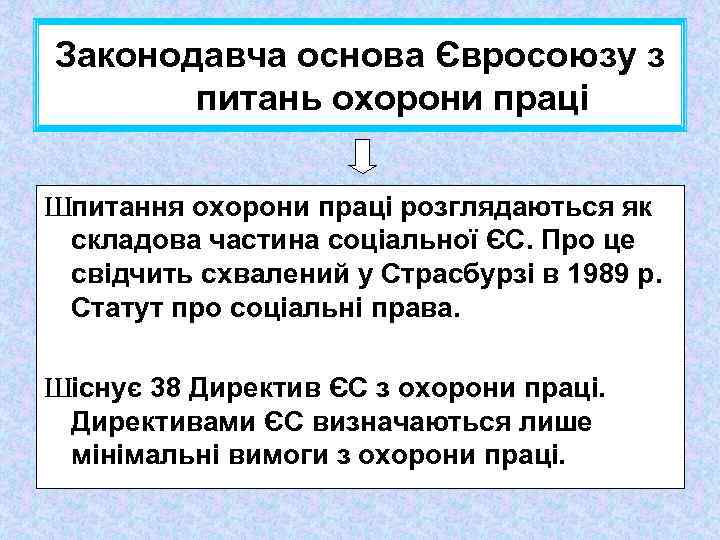 Законодавча основа Євросоюзу з питань охорони праці Шпитання охорони праці розглядаються як складова частина