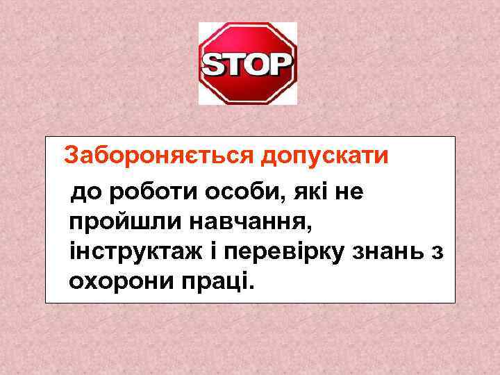 Забороняється допускати до роботи особи, які не пройшли навчання, інструктаж і перевірку знань з