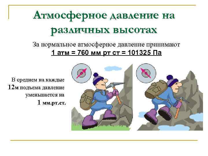 Атмосферное давление на различных высотах За нормальное атмосферное давление принимают 1 атм = 760