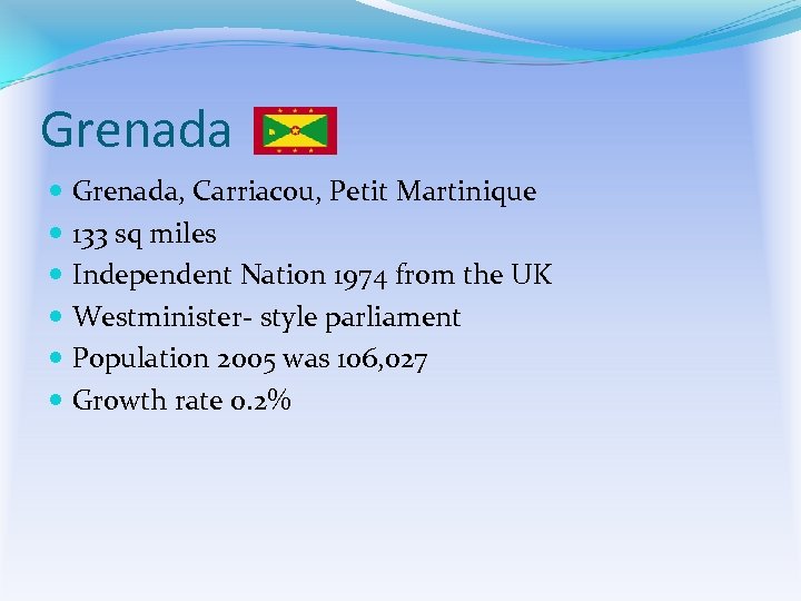 Grenada Grenada, Carriacou, Petit Martinique 133 sq miles Independent Nation 1974 from the UK