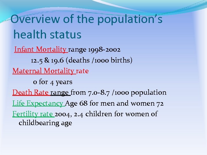 Overview of the population’s health status Infant Mortality range 1998 -2002 12. 5 &