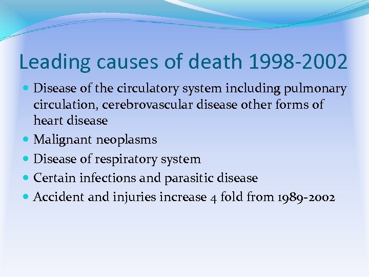 Leading causes of death 1998 -2002 Disease of the circulatory system including pulmonary circulation,