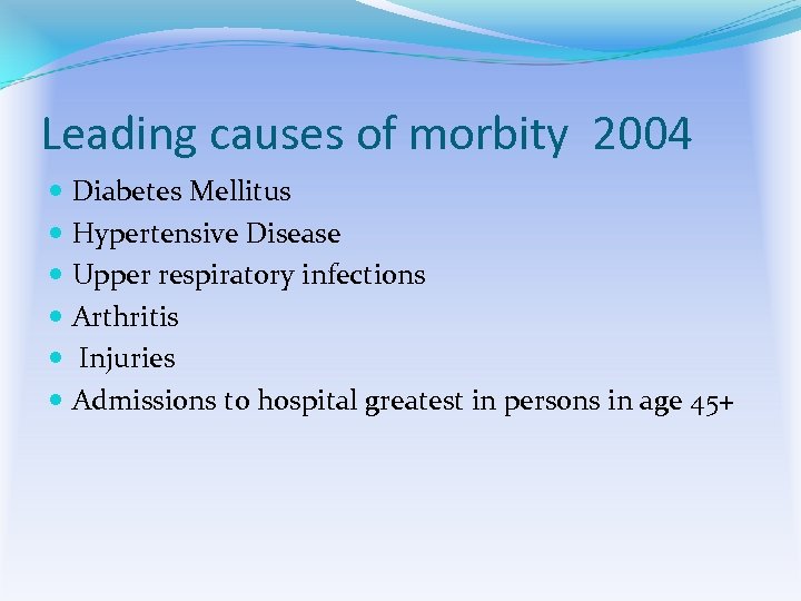 Leading causes of morbity 2004 Diabetes Mellitus Hypertensive Disease Upper respiratory infections Arthritis Injuries