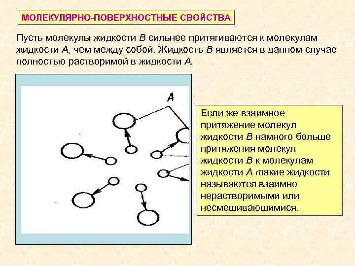 МОЛЕКУЛЯРНО-ПОВЕРХНОСТНЫЕ СВОЙСТВА Пусть молекулы жидкости В сильнее притягиваются к молекулам жидкости А, чем между