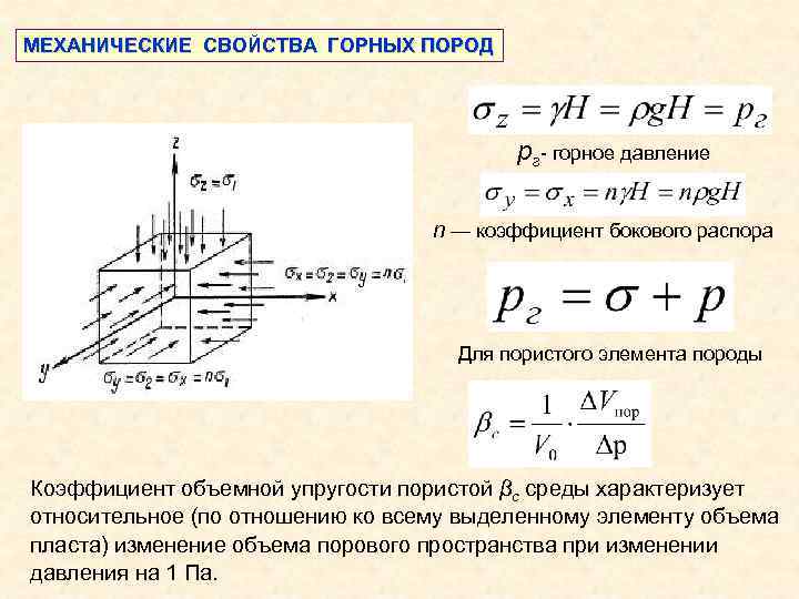 МЕХАНИЧЕСКИЕ СВОЙСТВА ГОРНЫХ ПОРОД pг- горное давление n — коэффициент бокового распора Для пористого