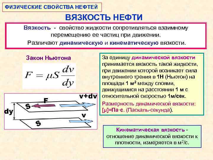 ФИЗИЧЕСКИЕ СВОЙСТВА НЕФТЕЙ ВЯЗКОСТЬ НЕФТИ Вязкость - свойство жидкости сопротивляться взаимному перемещению ее частиц