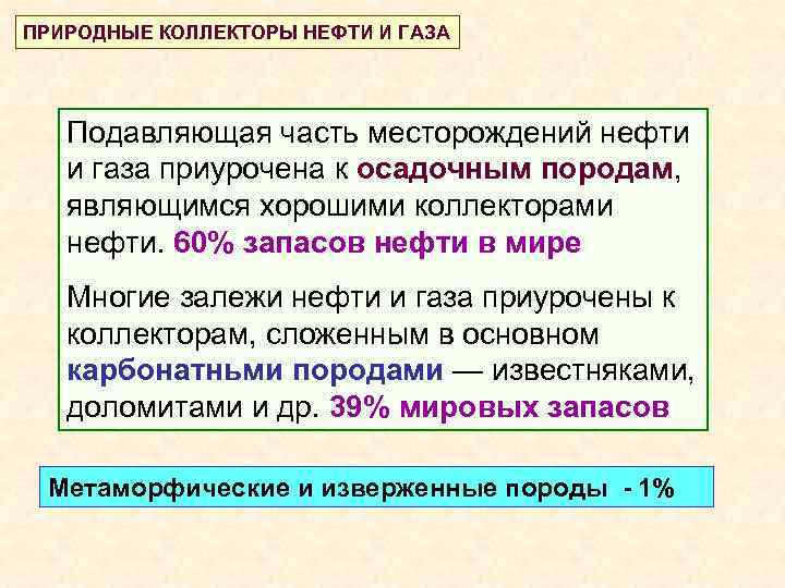 ПРИРОДНЫЕ КОЛЛЕКТОРЫ НЕФТИ И ГАЗА Подавляющая часть месторождений нефти и газа приурочена к осадочным