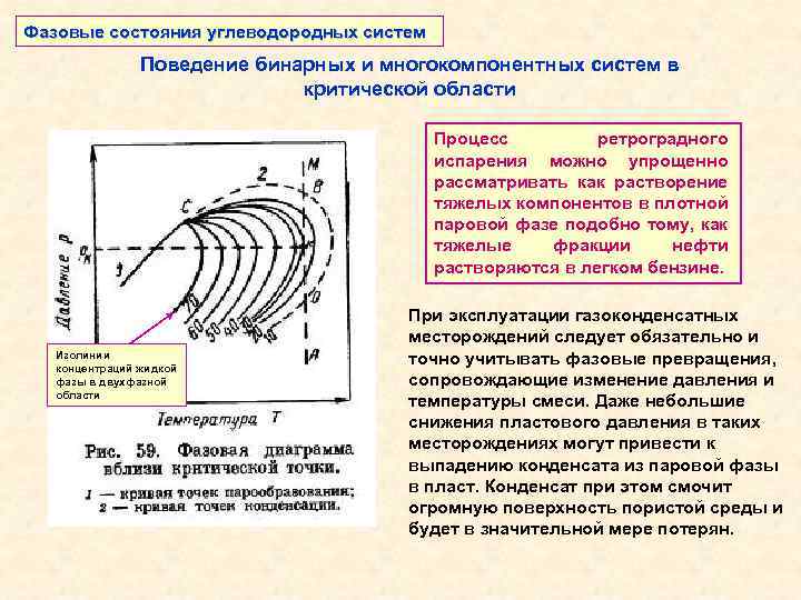 Фазовые состояния углеводородных систем Поведение бинарных и многокомпонентных систем в критической области Процесс ретроградного