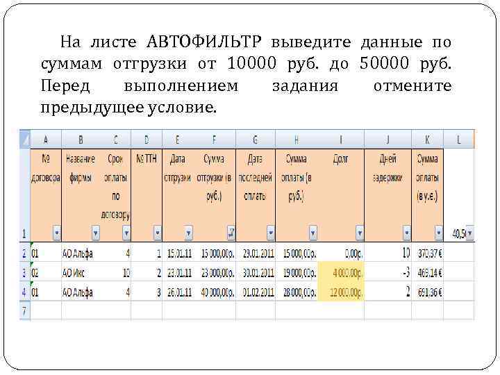 На листе АВТОФИЛЬТР выведите данные по суммам отгрузки от 10000 руб. до 50000 руб.