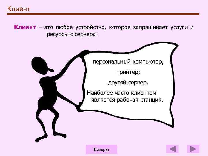 Клиент – это любое устройство, которое запрашивает услуги и ресурсы с сервера: персональный компьютер;