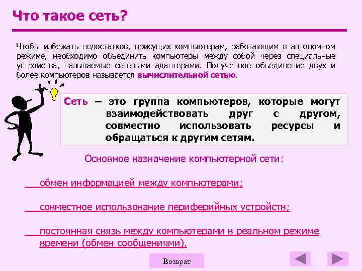 Что такое сеть? Чтобы избежать недостатков, присущих компьютерам, работающим в автономном режиме, необходимо объединить