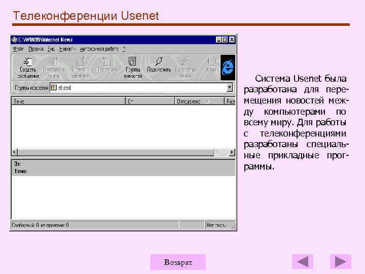 Телеконференции Usenet Система Usenet была разработана для перемещения новостей между компьютерами по всему миру.