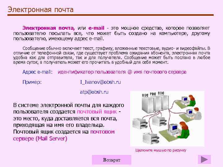 Электронная почта, или e-mail - это мощное средство, которое позволяет пользователю посылать все, что