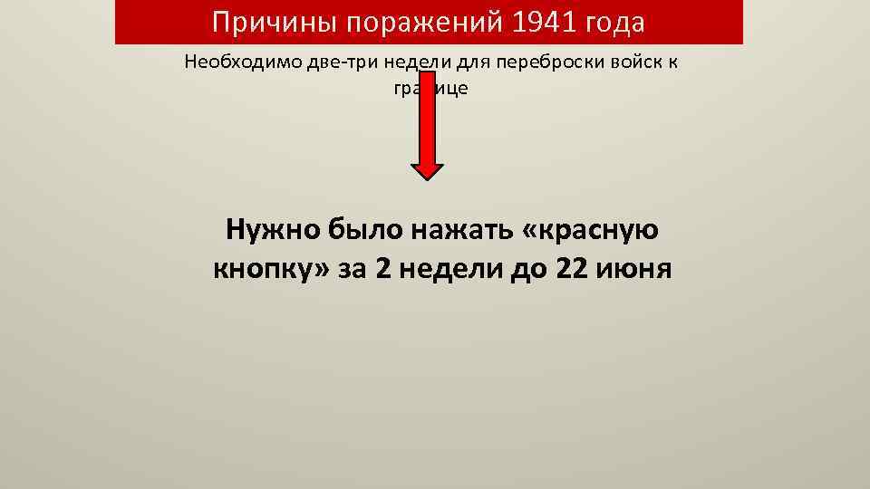 Причины поражений 1941 года Необходимо две-три недели для переброски войск к границе Нужно было