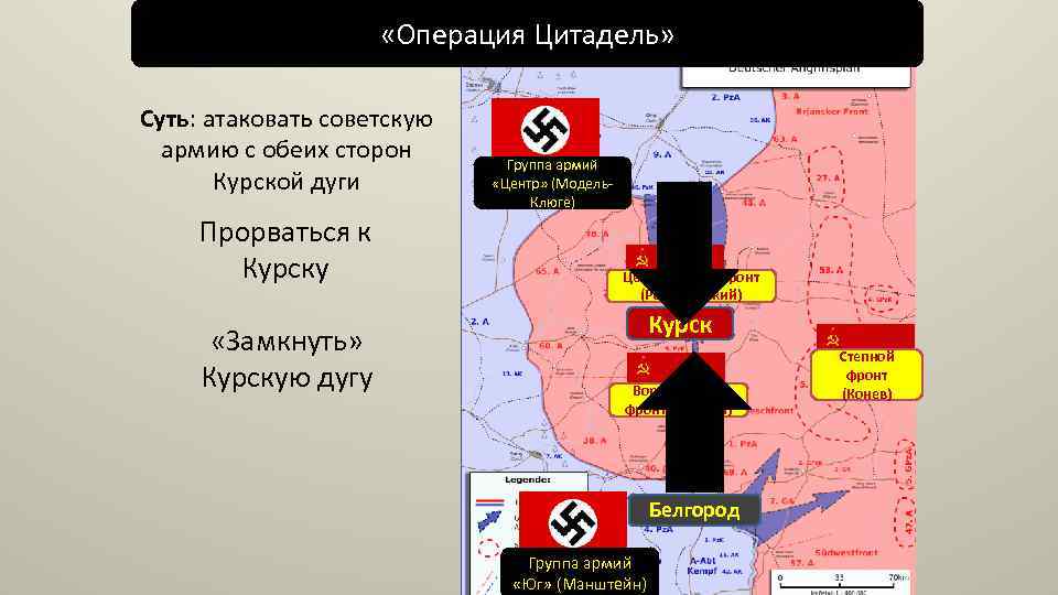  «Операция Цитадель» Суть: атаковать советскую армию с обеих сторон Курской дуги Прорваться к